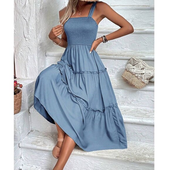 Boho Shirred Ruffle Hem Dress Blue - Picture 2 of 4